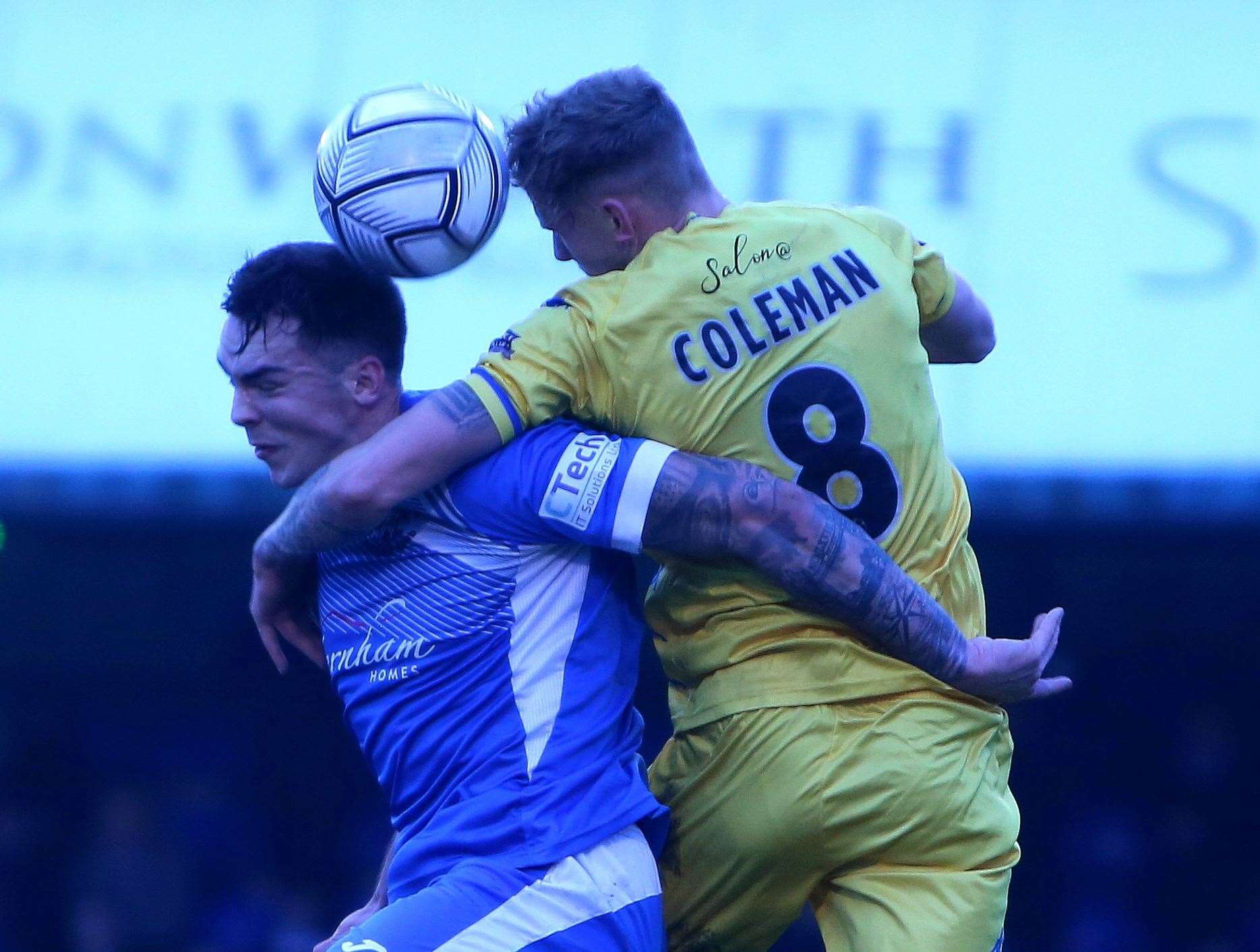 In-form Tonbridge striker Tommy Wood challenges for a header against King's Lynn Picture: Dave Couldridge