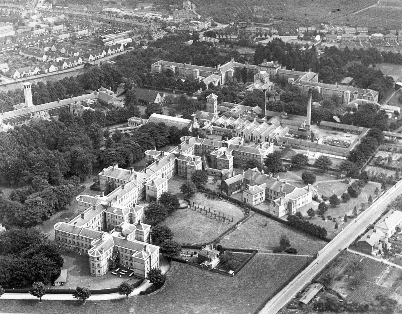 This aerial view of Oakwood Hospital was taken in February, 1934. It shows on left the tower which crashed in November, 1957. after a fire killing three firemen, two nurses, one member of staff and a patient. Picture: Images of Maidstone