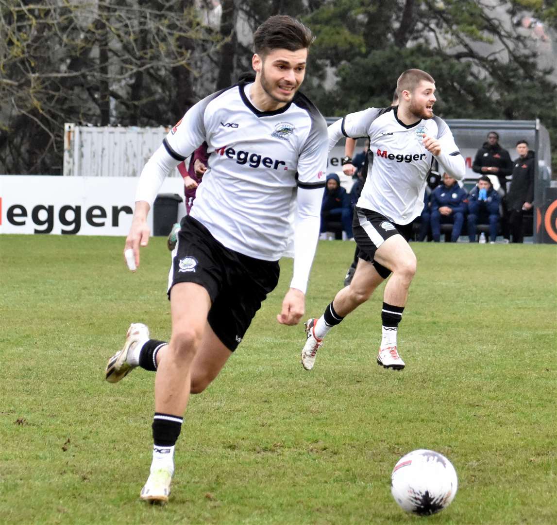 George Nikaj on the attack with Dover team-mate Charlie Naylor in the background. Picture: Randolph File