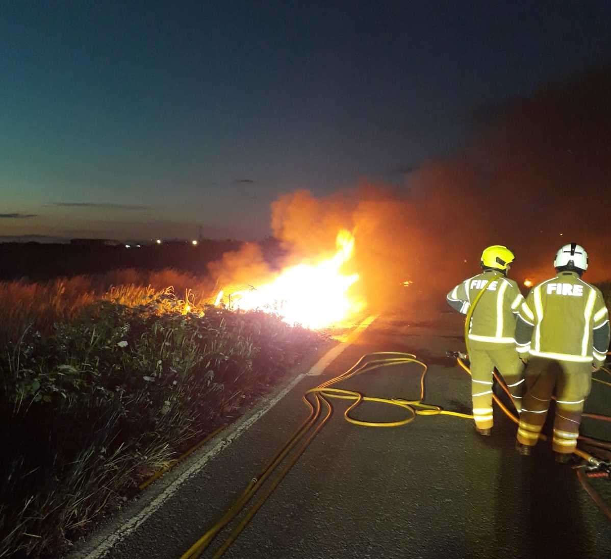 Fire crews battled a scrubland and marshland blaze near the River Darent for more than three hours last night. Photo: London Fire Brigade