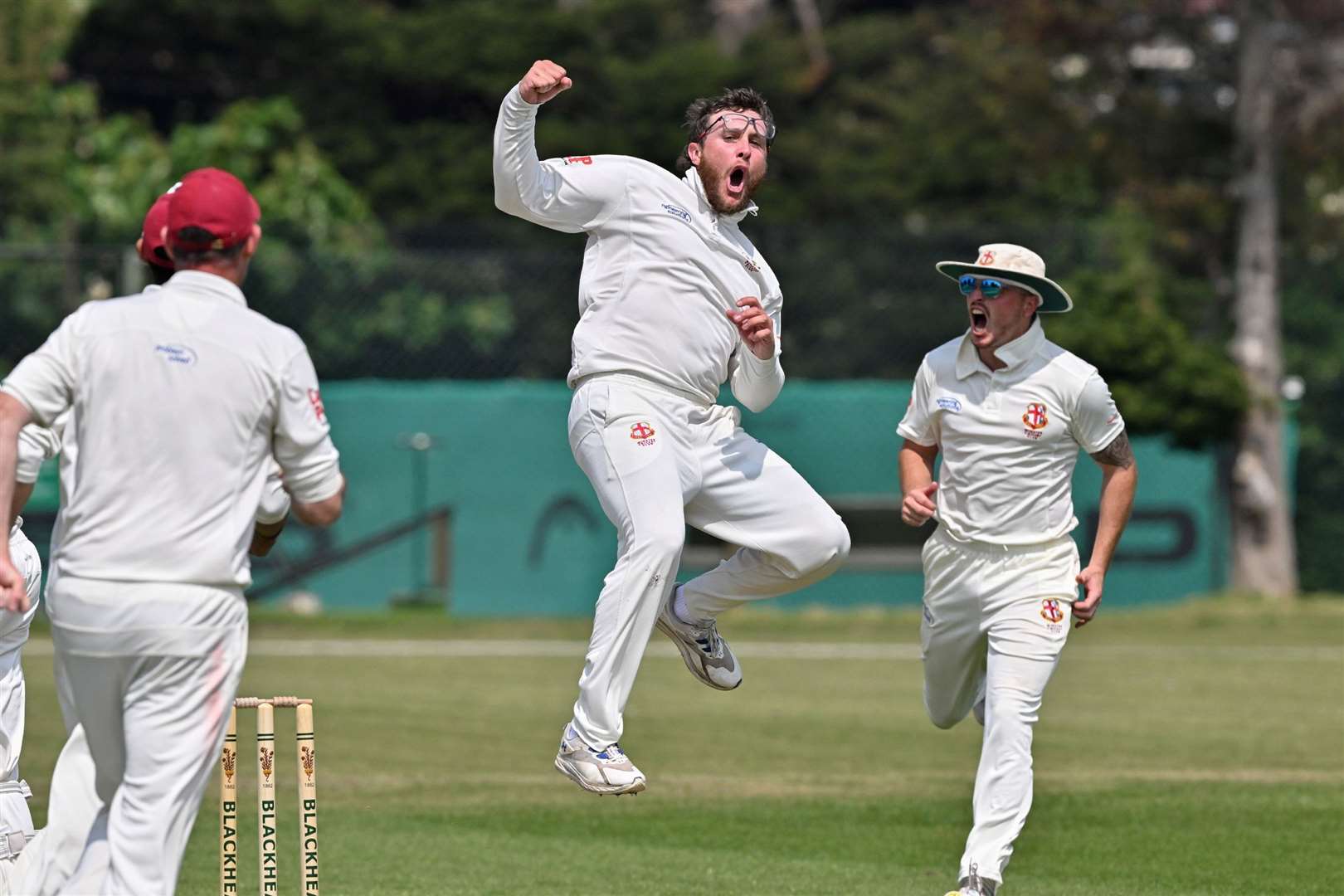 Minster’s Kai Appleby celebrates a wicket on his way to figures of 4-15 during Saturday’s win at Blackheath Picture: Keith Gillard