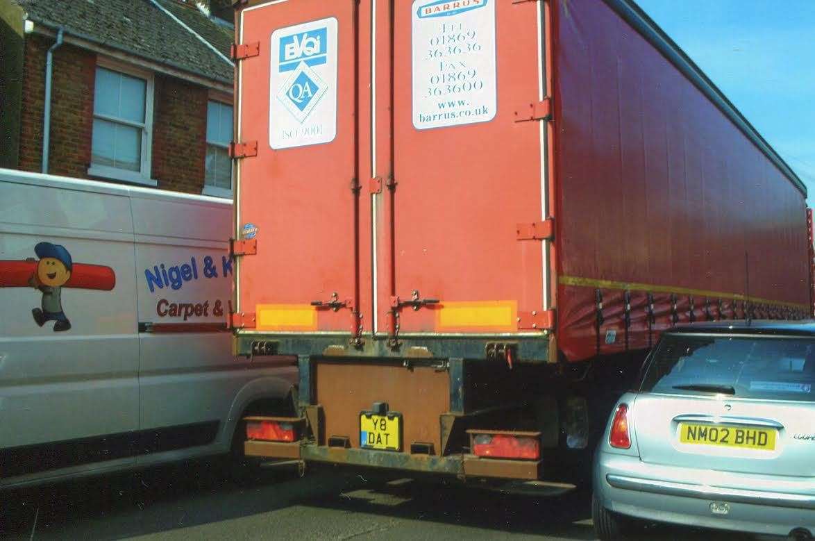 It's a close shave in Middle Deal Road, as lorries try to squeeze through tight gaps