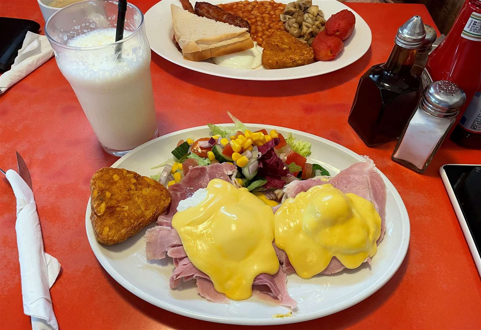 The eggs benedict and sweetcorn salad