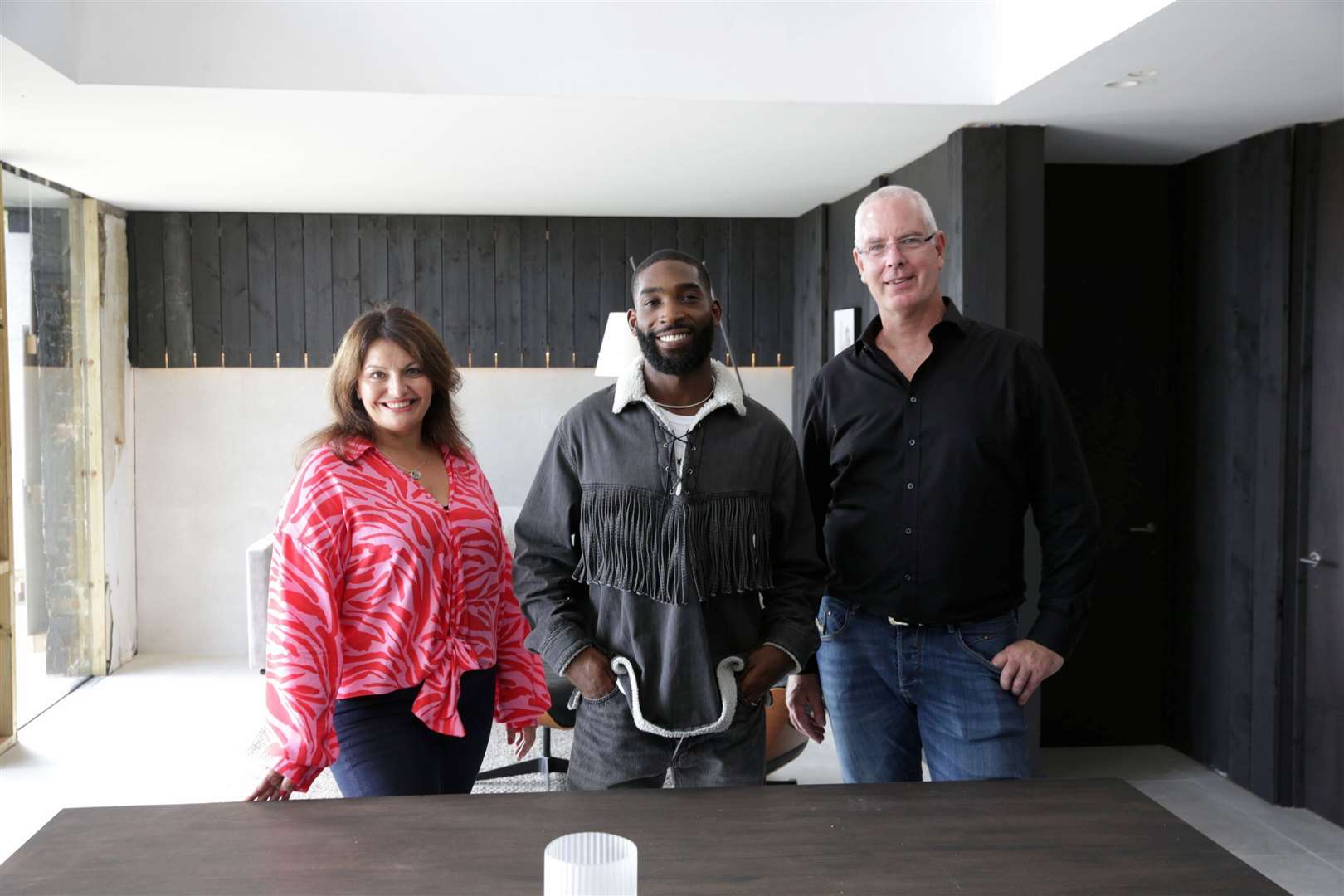 Tracey, Tinie Tempah and Jeff at the couple's home in Sandgate. Picture: Channel 4