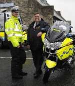 Gwyn Prosser MP with PC Giles Lamb and the latest police bike a BMW RT1200