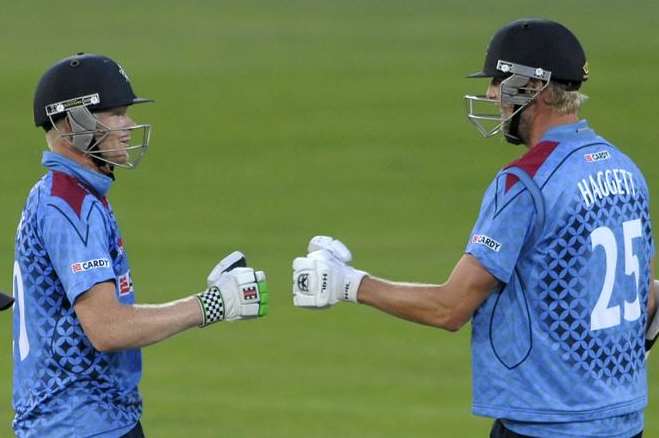 Sam Billings and Calum Haggett during their stand against Durham. Picture: Barry Goodwin