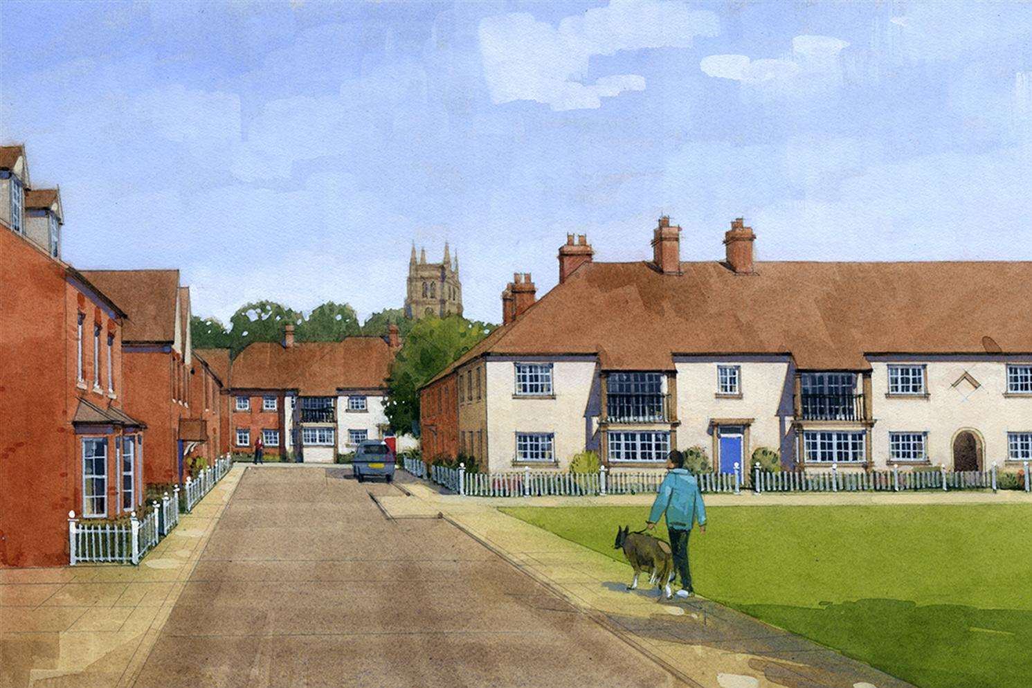 An artist's impression of what the homes in Tent1A will look like, with the tower of St Mildred's Church being the focal point.