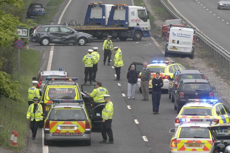 The scene on the London bound carriageway of the A2 at Barham following the collision.