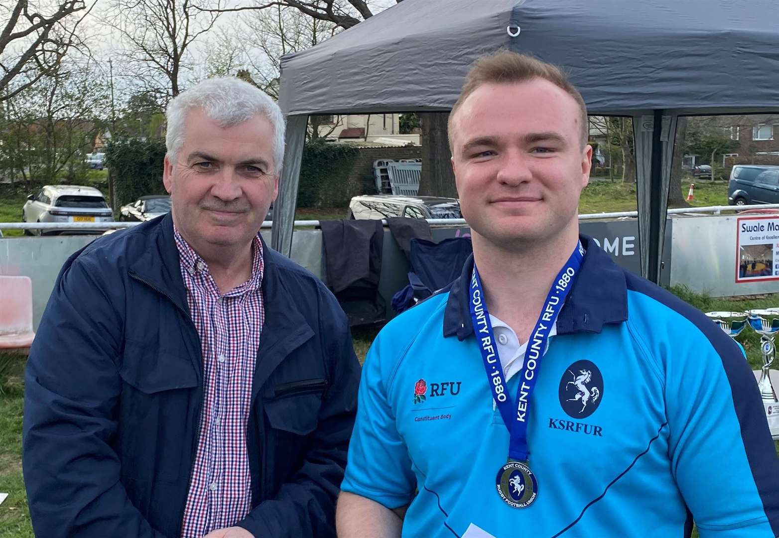 Shepherd Neame's Dougie Dick and cup final referee Billy Huntley. Picture: Richard Ewence / Maidstone RFC