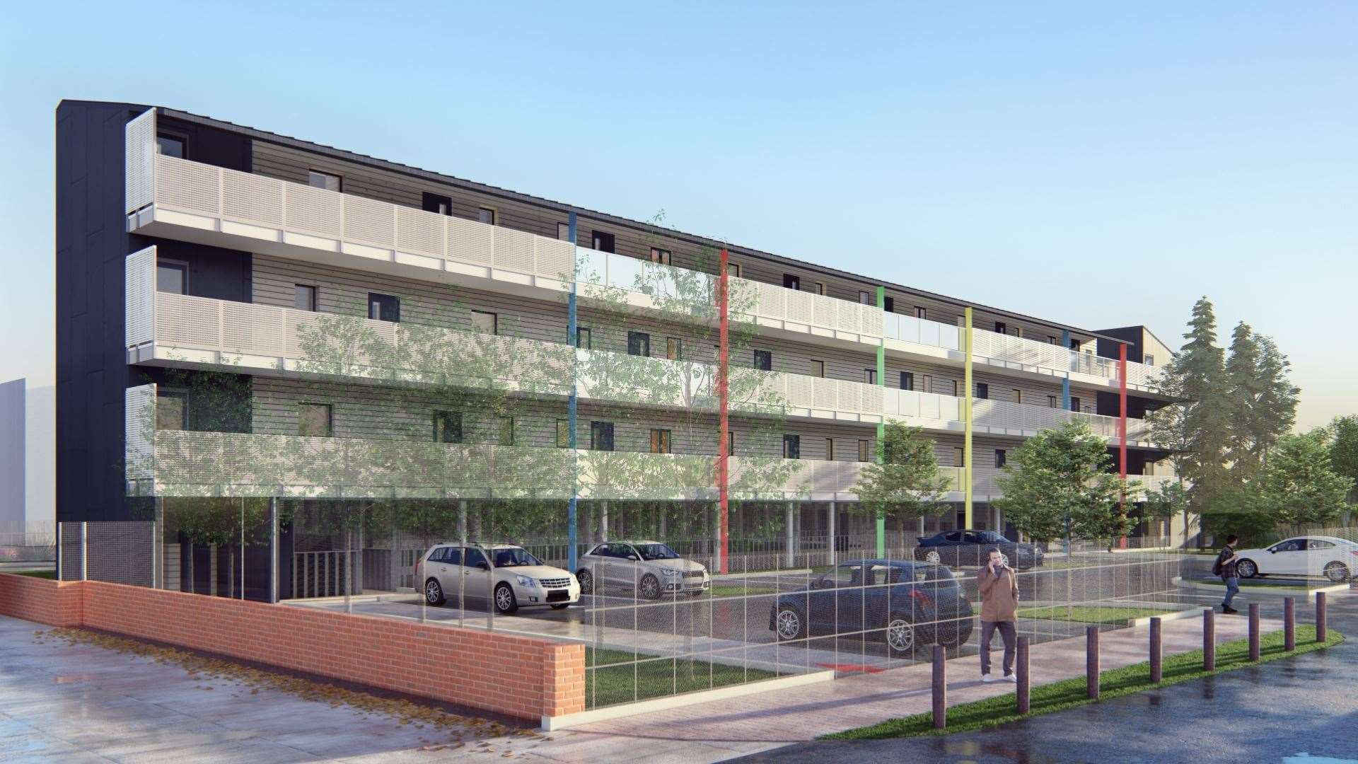 CGI of the temporary accommodation for homeless people on under-used Henwood Road car park in Ashford