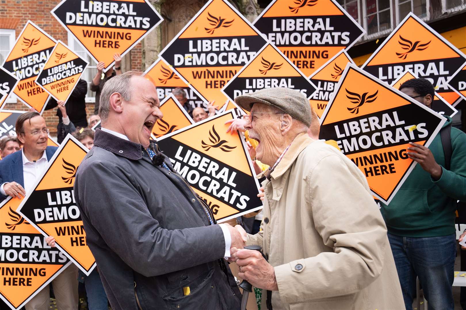 Liberal Democrat leader Sir Ed Davey is greeted by supporters as he arrives to join local Lib Dem campaigners at a celebratory rally in Winchester, following the results in local government elections (Stefan Rousseau/PA)