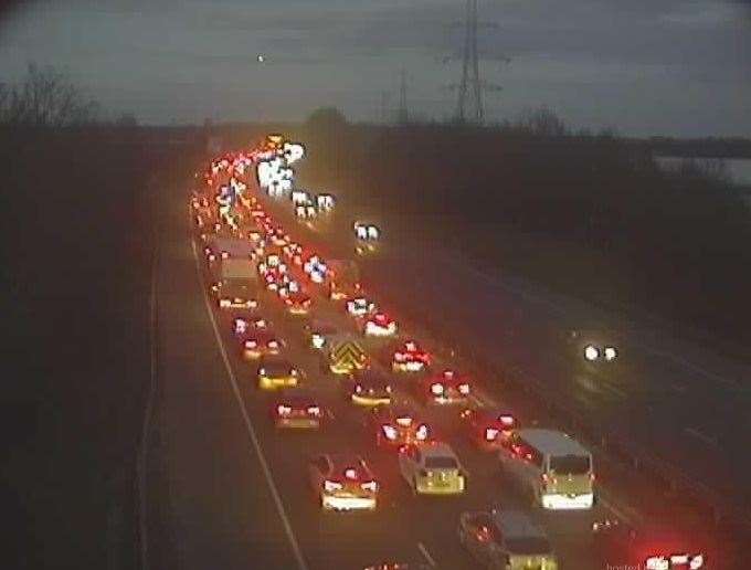 Queues on the M25 anti-clockwise at the Swanley Interchange after a serious multi-vehicle collision. Picture: National Highways