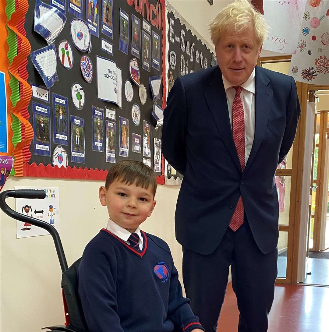 Boris Johnson with Tony during a school visit. Picture: Tom Tugendhat MP