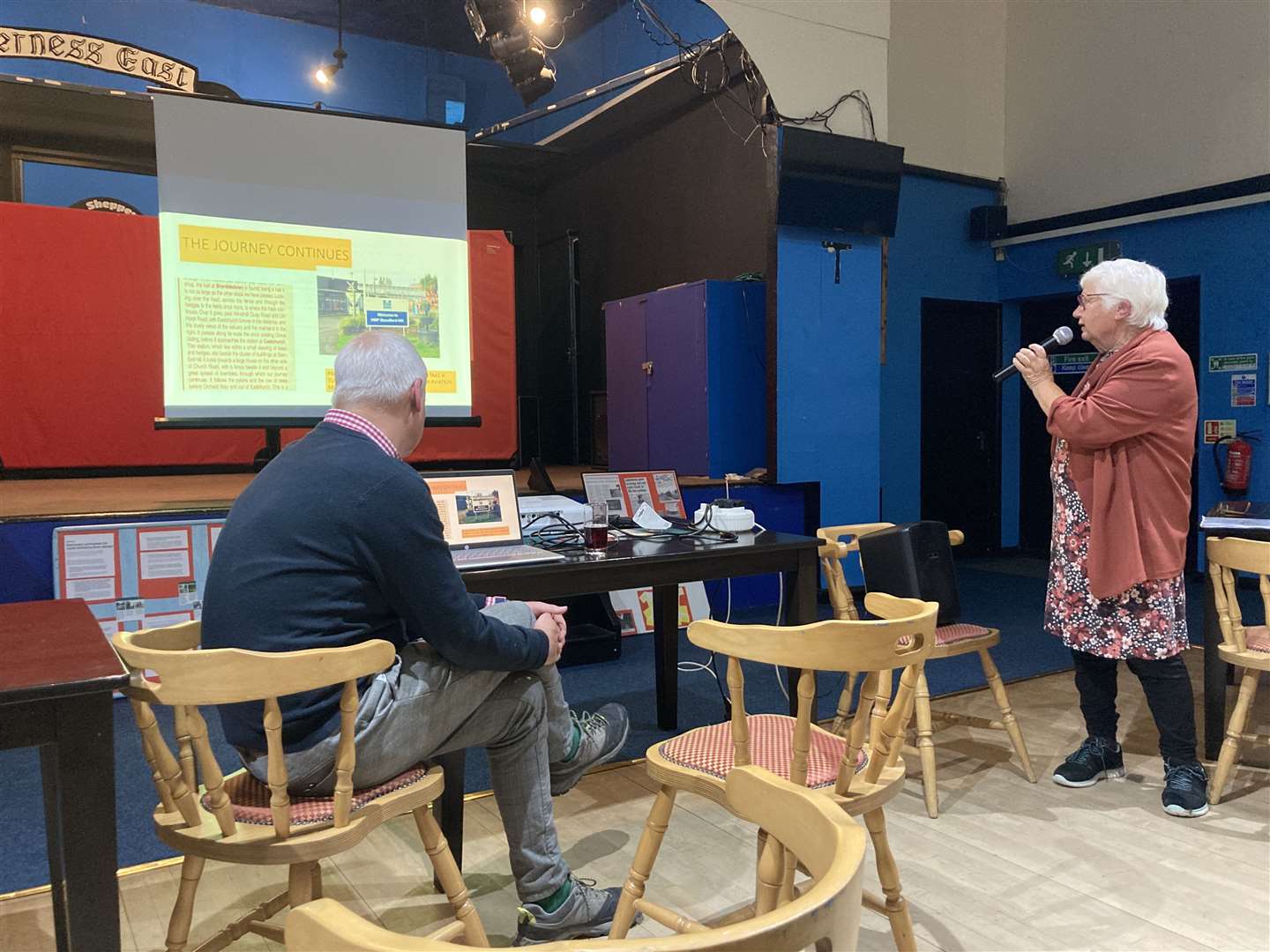 Cllr Linda Brinklow presents her slide show about turning the abandoned Sheppey Light Railway track into a 'greenway' for cycling and walking at Sheerness East WMC, Halfway