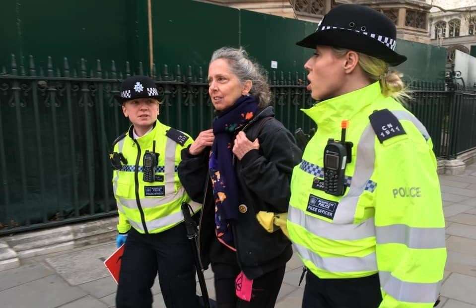 Extinction Rebellion activist Julie Mecoli, from Canterbury, being arrested at Parliament Square on April 17