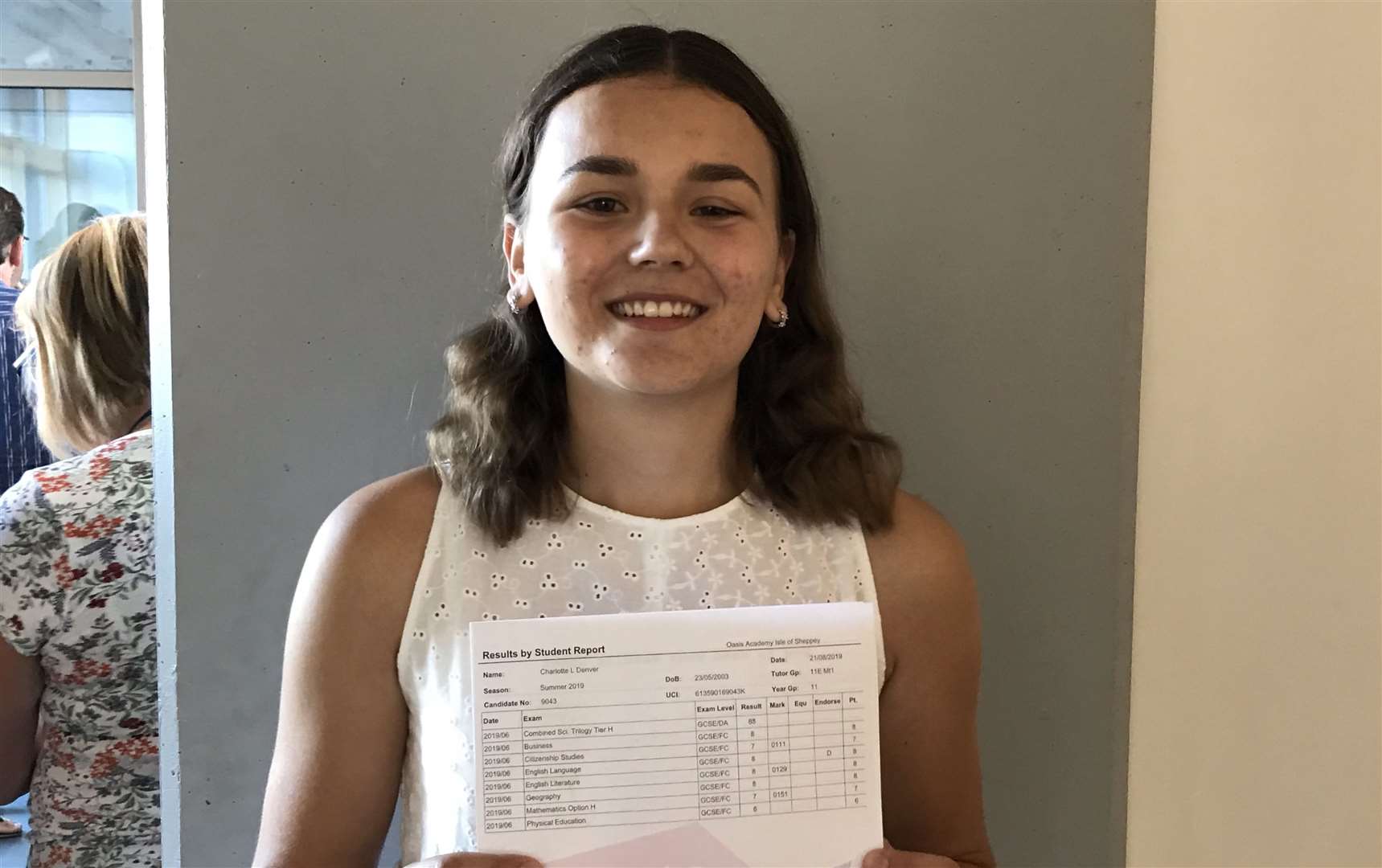 Oasis Academy pupil Charlotte Denver with her GCSE results
