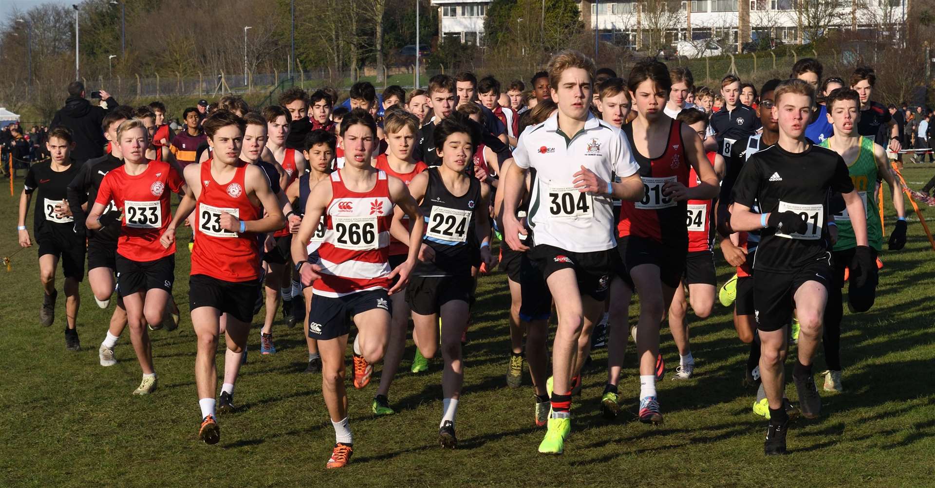 The junior boys jostle for position at the start of their race. Picture: Simon Hildrew (62006282)