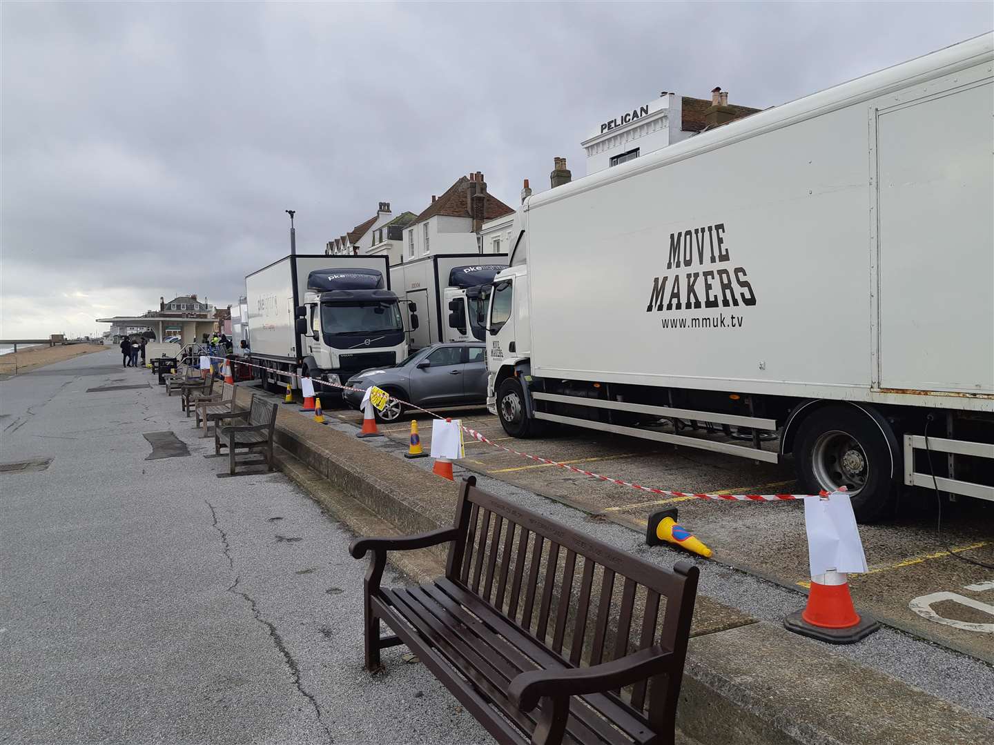 The film crew's gigantic equipment lorries at Beach Street