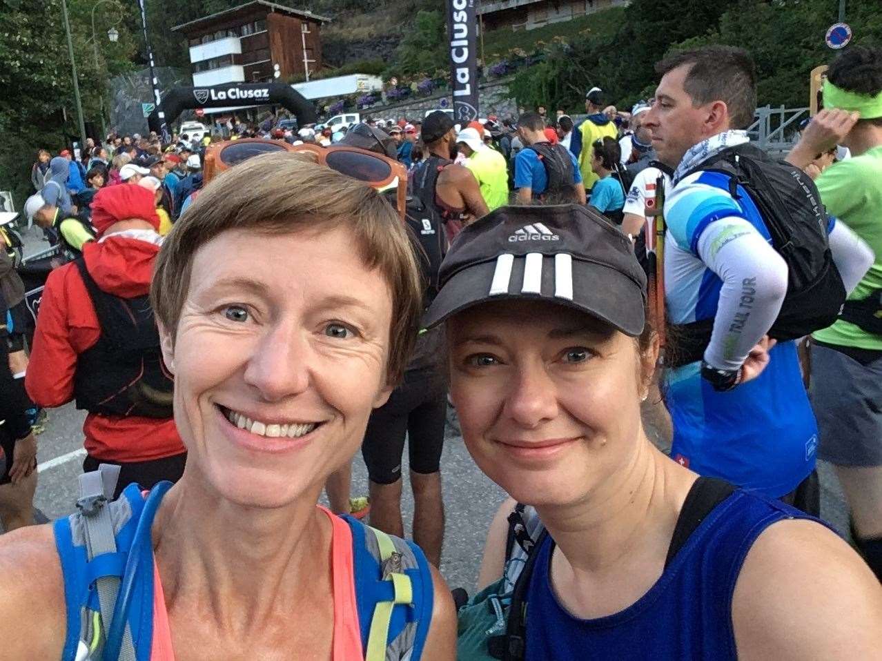 Karen (left) at the start of Le Belier marathon, in the Alps in summer 2019, with Sally Silver