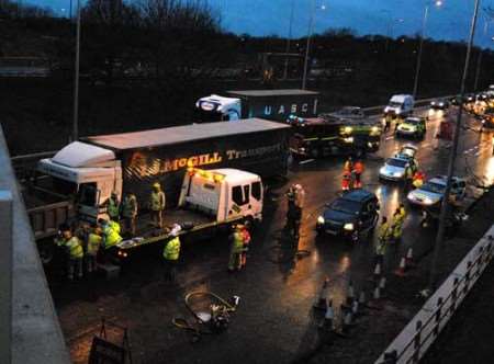 The scene of the crash. It caused long tailbacks on the A2. Picture: VERNON STRATFORD