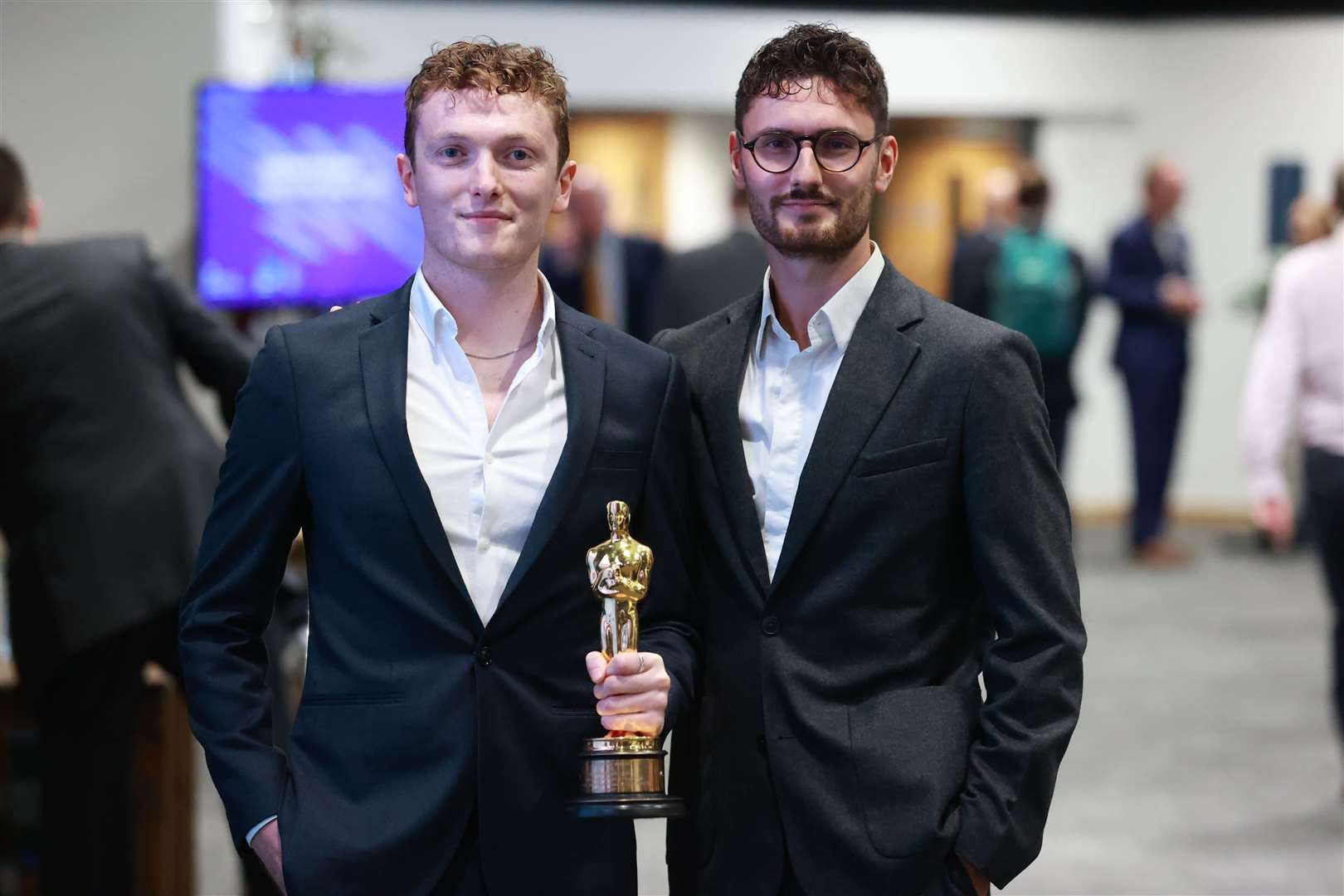 Ross White and Tom Berkeley with their Oscar for short film An Irish Goodbye (Liam McBurney/PA)
