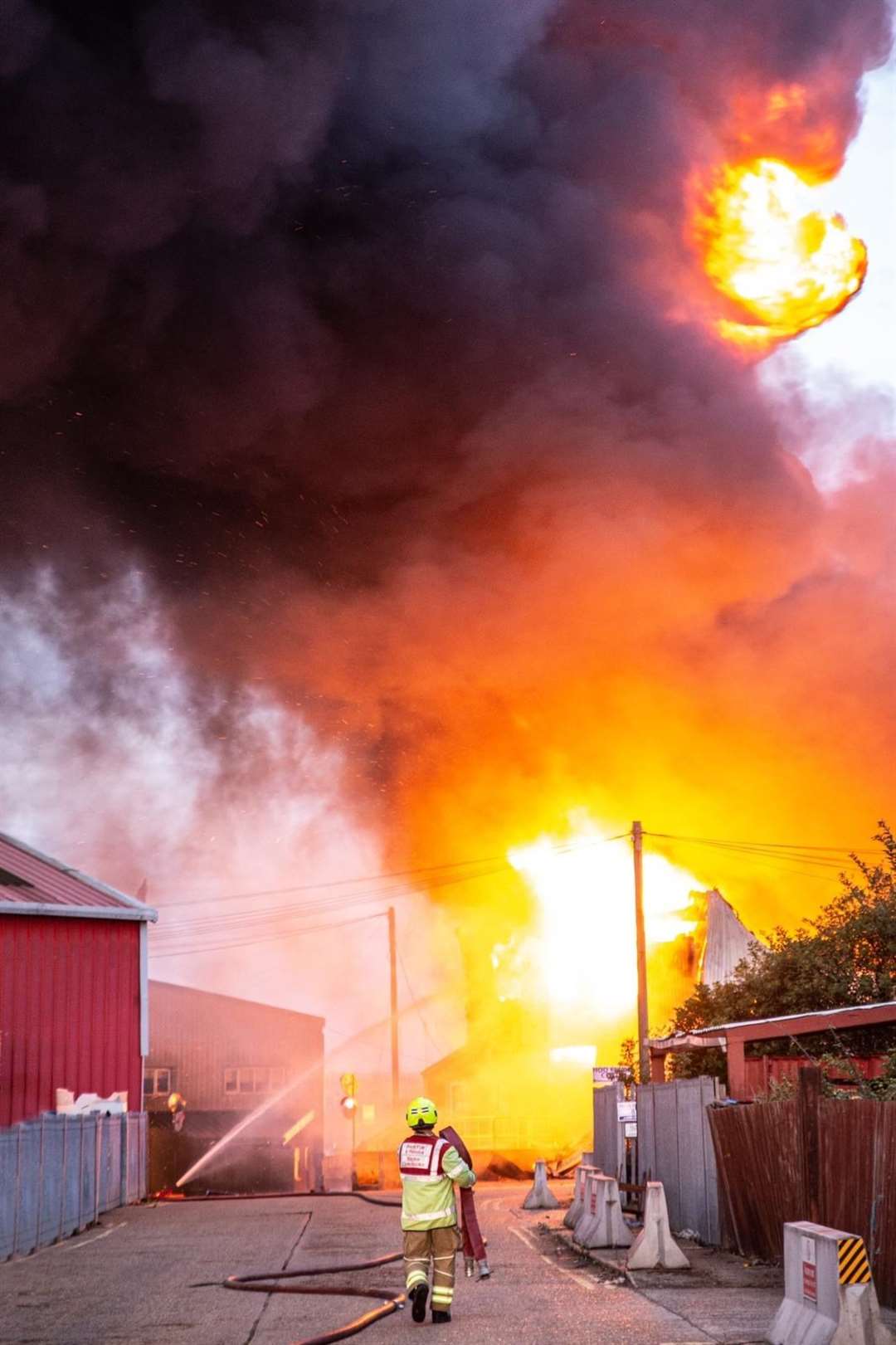 Firefighters battling the blaze on an industrial unit near Hoo Marina Park. Photos from Kent Fire and Rescue Service