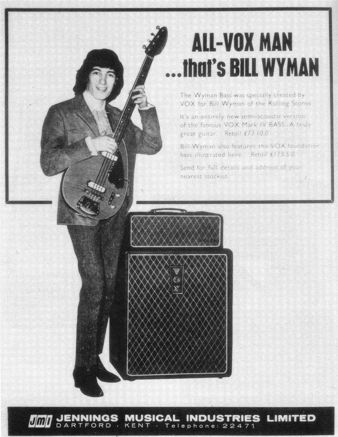 Bill Wyman, a former Rolling Stone and the vox amplifiers made in Dartford. Photo:Paul Bundock