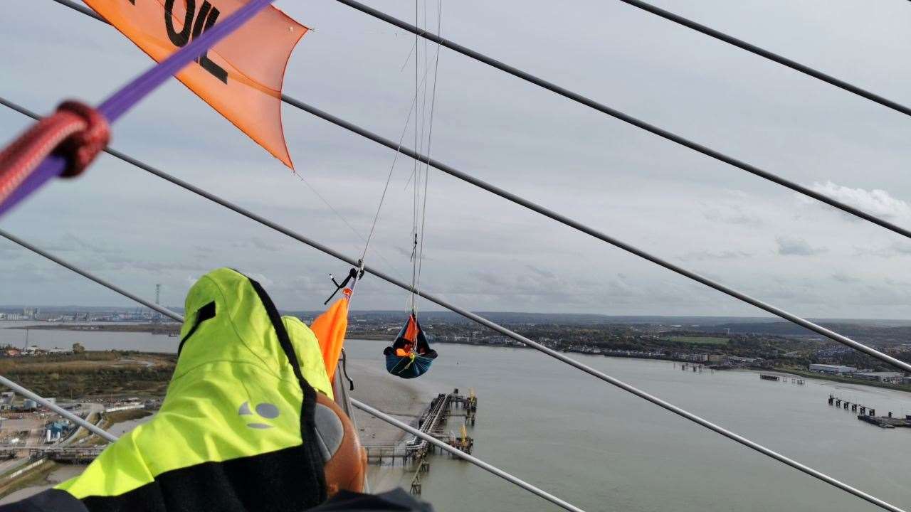 Just Stop Oil protesters remain at the top of the QEII bridge. Picture: Just Stop Oil