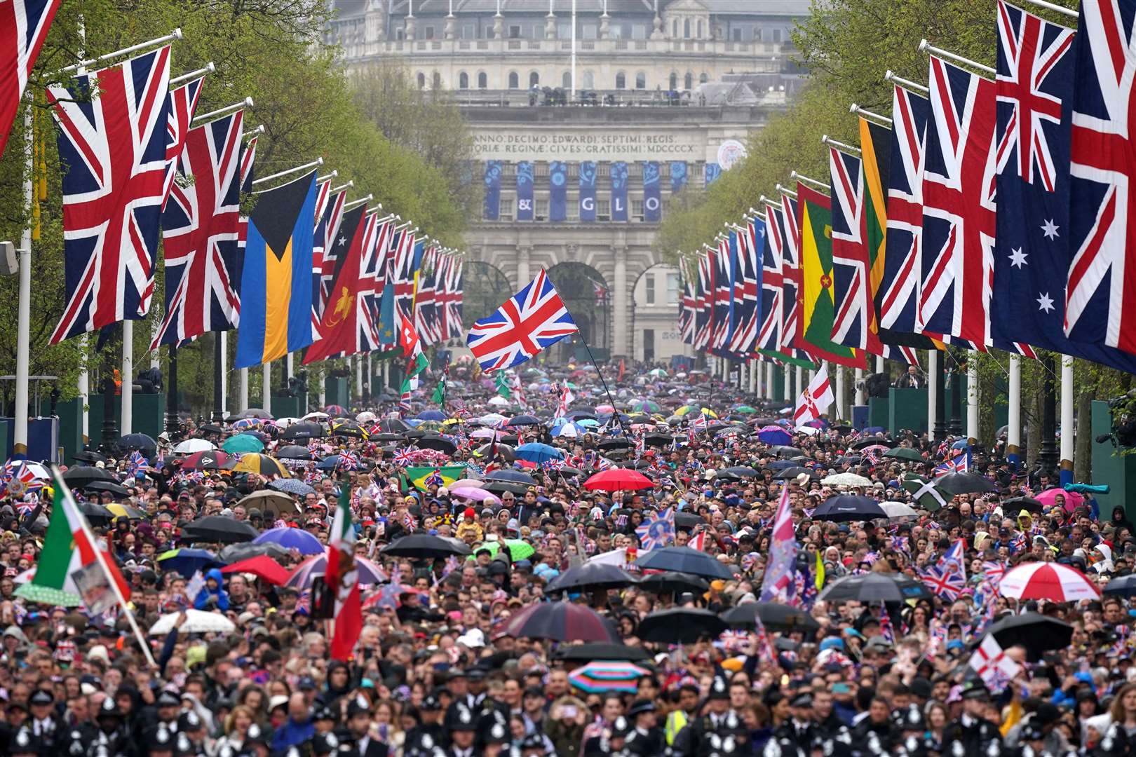 Crowds fill The Mall after the coronation of Charles and Camilla (Niall Carson/PA)