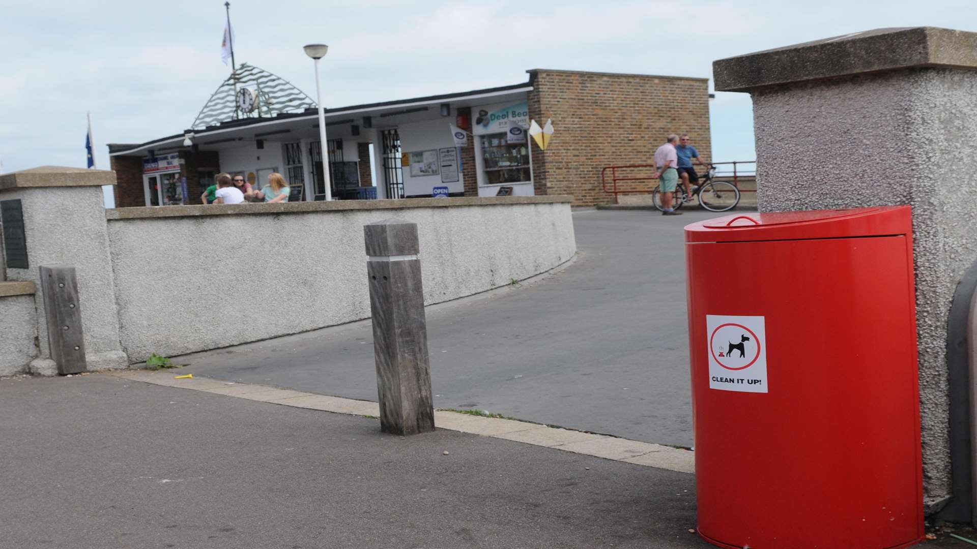 The newly installed dog bin at the entrance of the pier