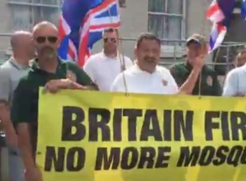 No More Mosques: Britain First protesters with their banner. Picture: Facebook