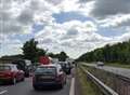 One lane closed and traffic queuing on M2 after a crash
