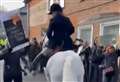 Protester pulled back after waving placard in front of trail hunt horses