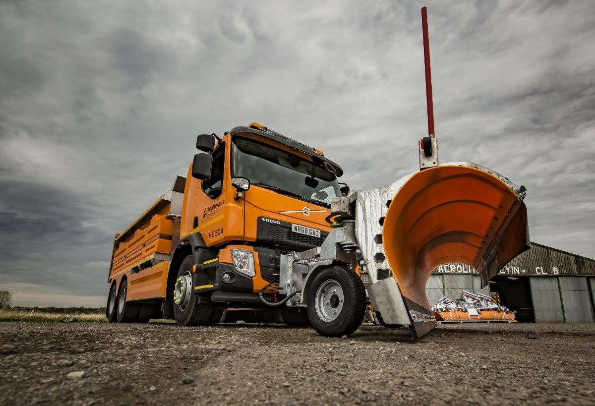 One of the new state-of-the-art Volvo gritter lorries, equipped with a snow plough, heading to Kent for the winter. Picture: National Highways