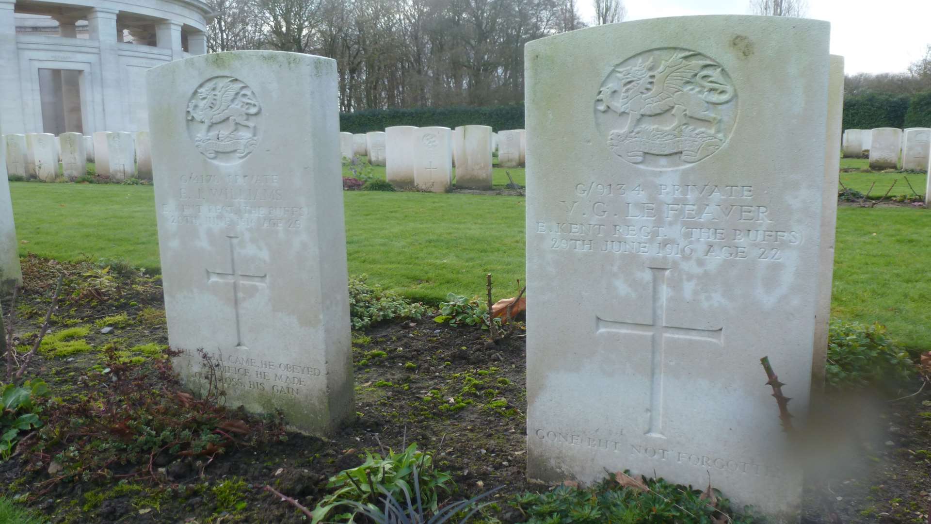 The graves of two young Buffs, Privates Edward James Williams and V.G Le Feaver killed on the same day served in the area the Truce happened