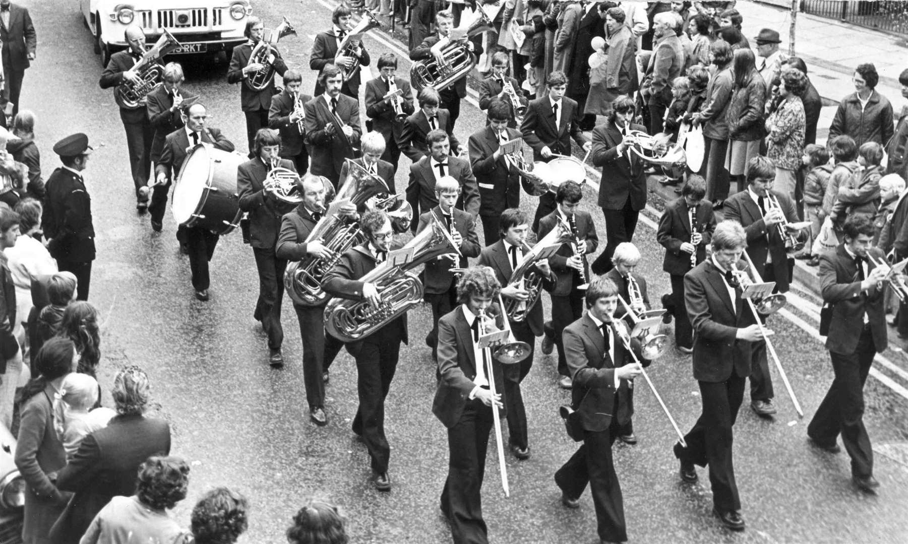 The twin town band from Bad Munstereifel on parade through the streets of Ashford during the September 1976 carnival