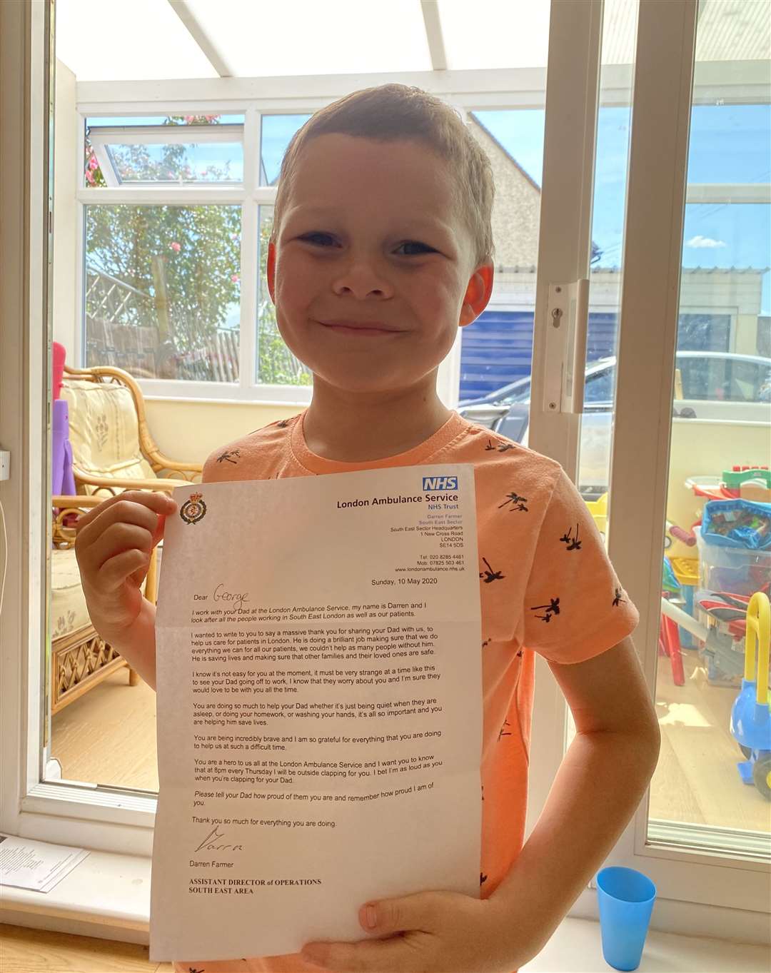 George was delighted to receive a letter from a London Ambulance Service boss, thanking him for 'sharing' his dad during the health crisis Picture: London Ambulance Service NHS Trust