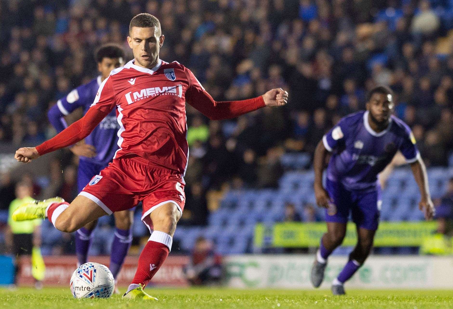 Stuart O’Keefe scores from the penalty spot for Gills at Shrewsbury on Tuesday. Picture: Ady Kerry