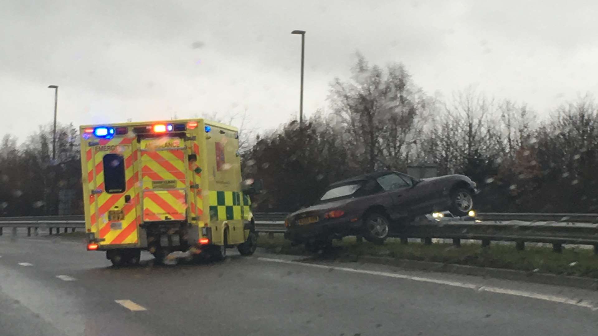A car has ended up on the central reservation of a busy road in Rochester. Picture: Megan Hart