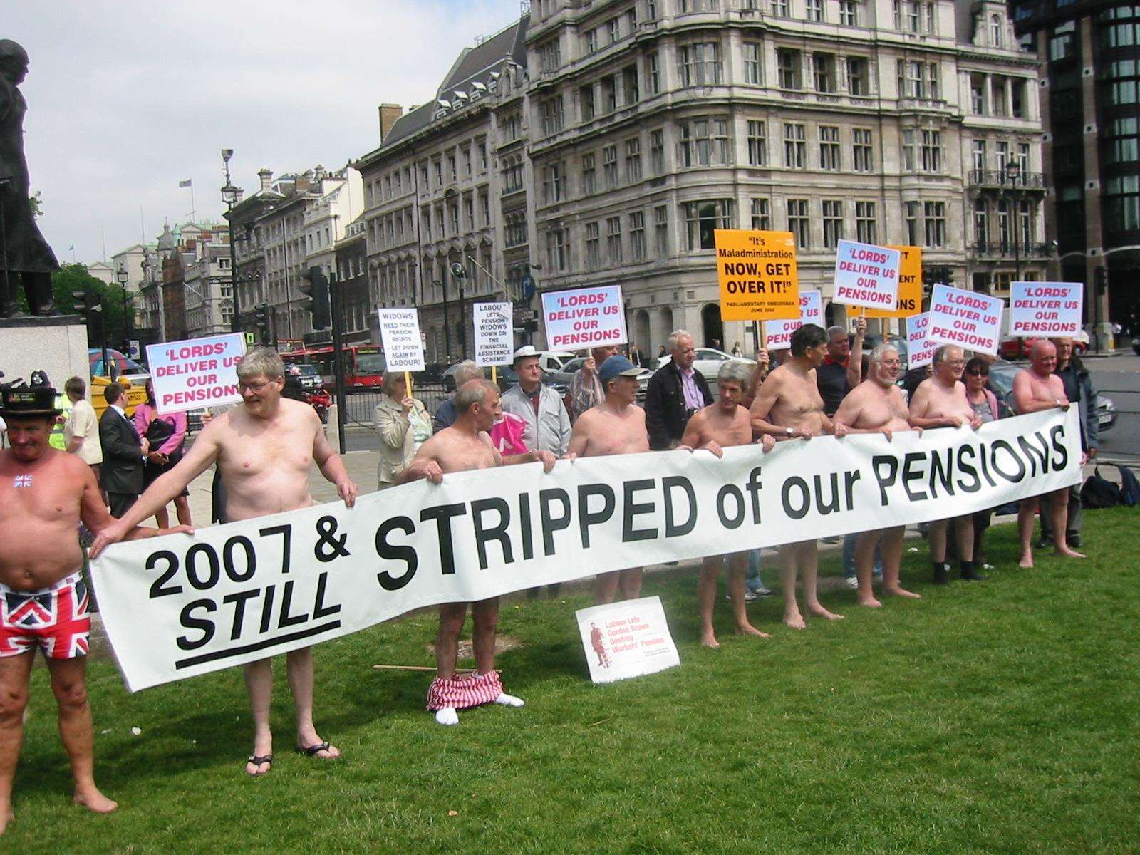 Members of the Pensions Action Group, which represented former ASW Sheerness Steel Mill workers, campaigning against their lost pensions outside the House of Commons in 2007