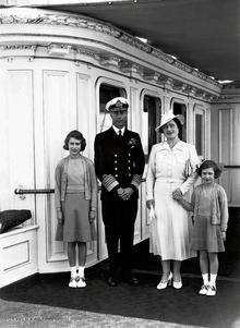 King George VI and Queen Elizabeth, with Princess Elizabeth and Princess Margaret aboard the Victoria and Albert (III). Picture: (Russell and Sons, Southsea. Given to the author by Mrs Ethel Pook, Gosport, whose husband had been a shipwright Officer to the ship. Published by Amberley Publishing by gracious permission of Her Majesty The Queen)