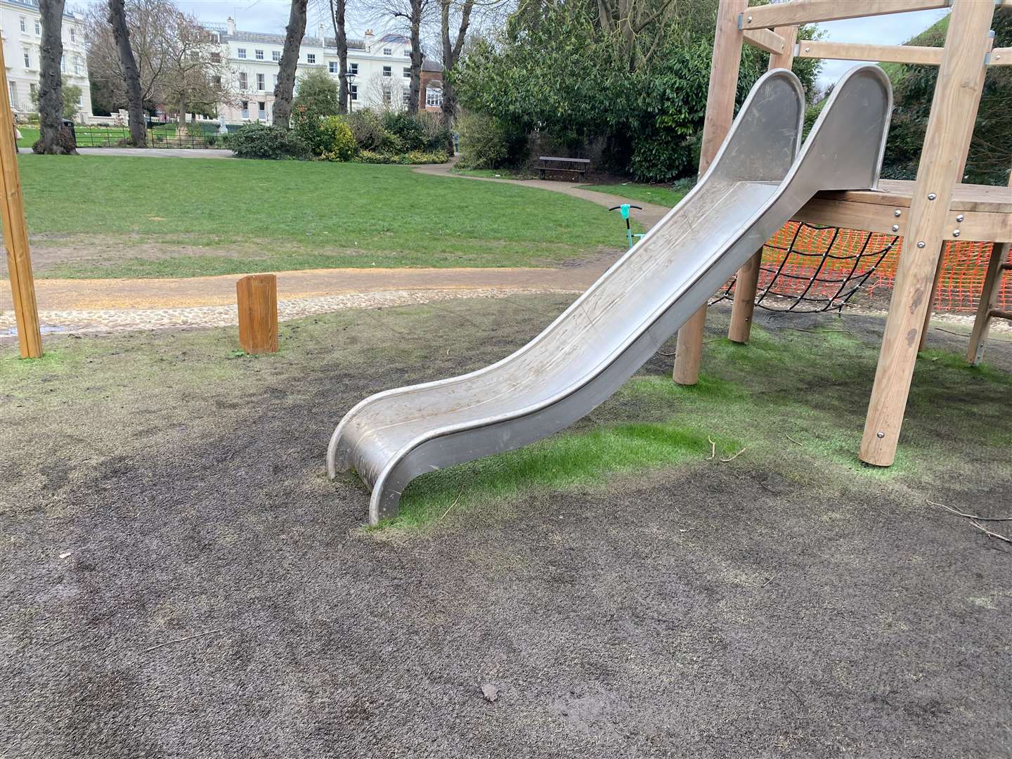 Parents visiting the park with their children have complained about mud seeping out of the turf and covering the slide and other play equipment