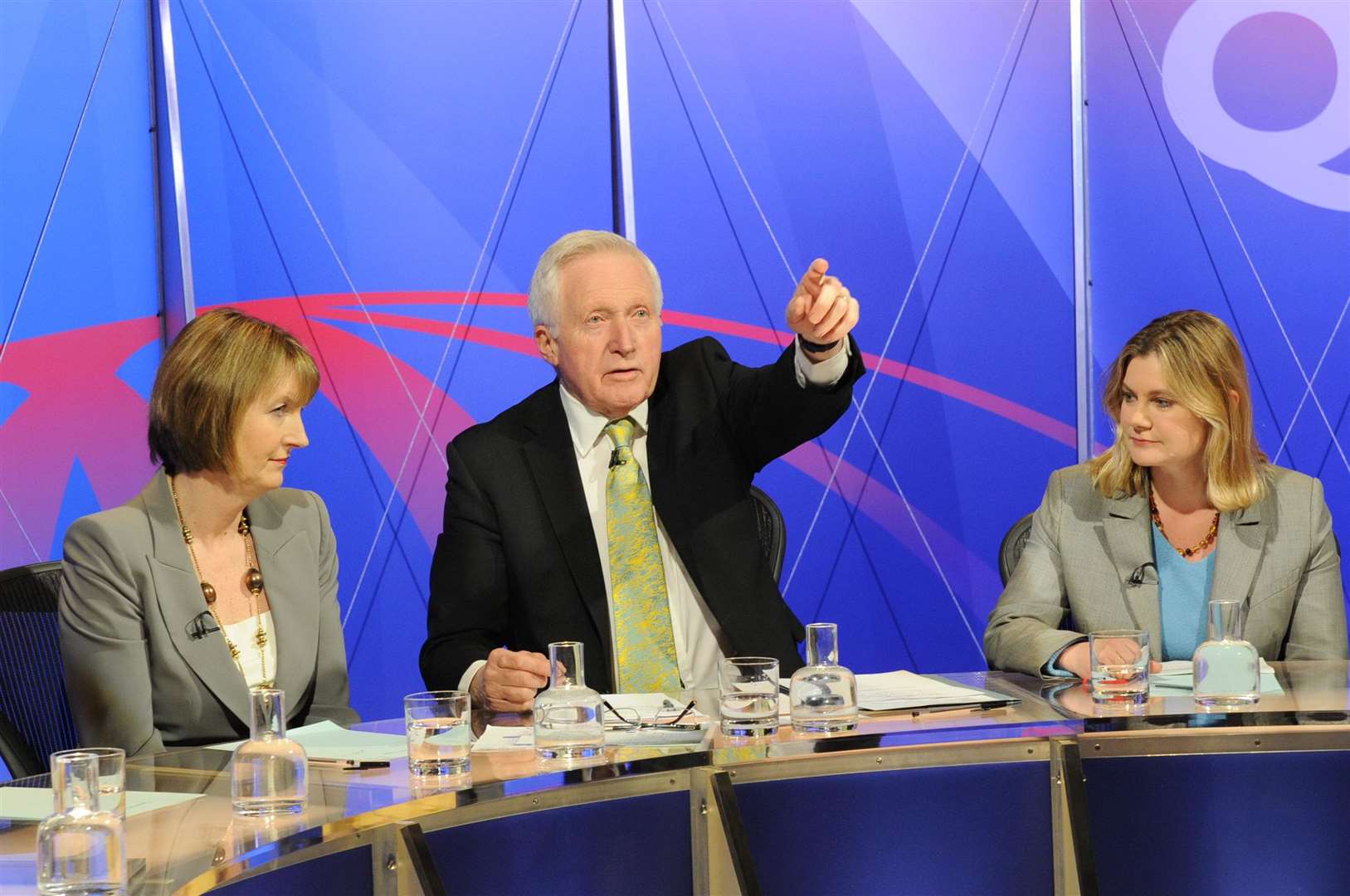 Mick Jagger Centre, Shepherds Lane, Dartford. BBC's Question Time programme broadcast from the Mick Jagger Centre. L/R, Harriet Harman, David Dimbleby, Justine Greening MP. Picture: Simon Hildrew FM2576221 (2910336)