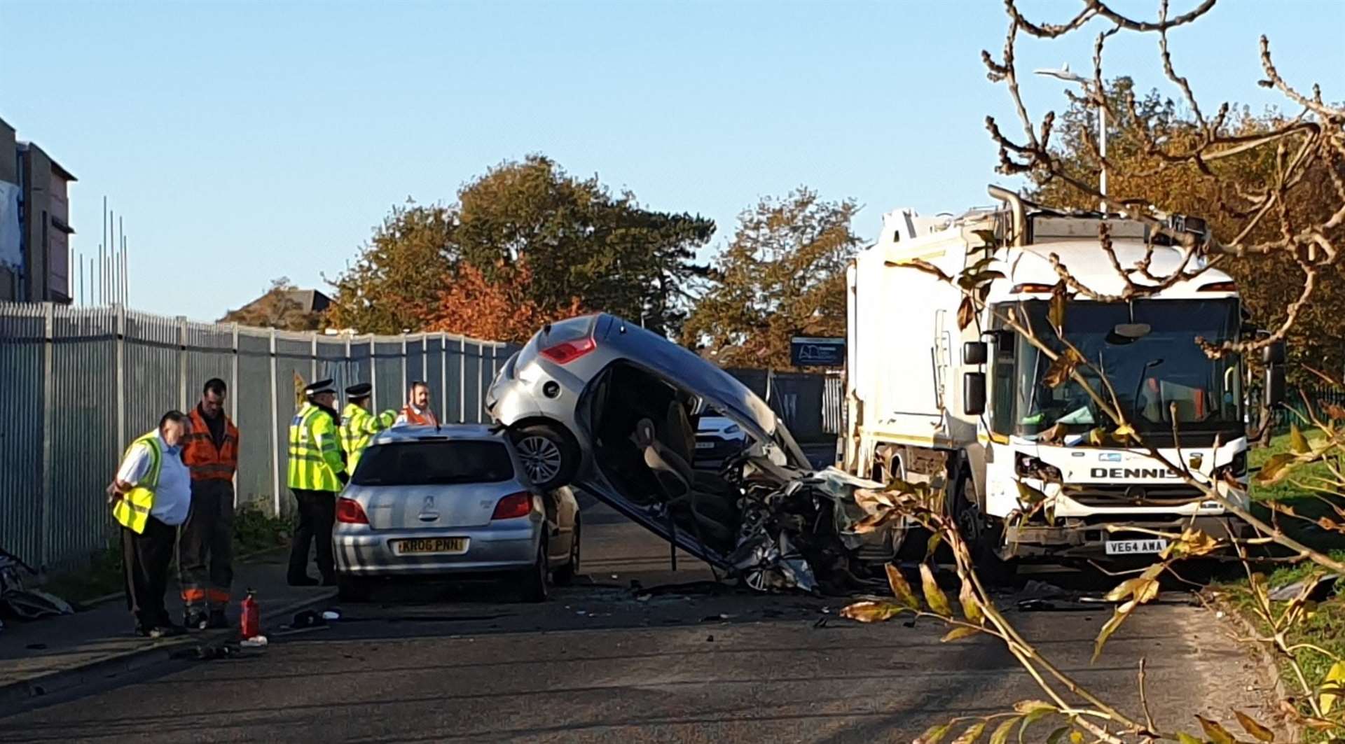 Tile Kiln Lane in Cheriton, Folkestone, has been taped off following a crash. Picture: Steve Wood