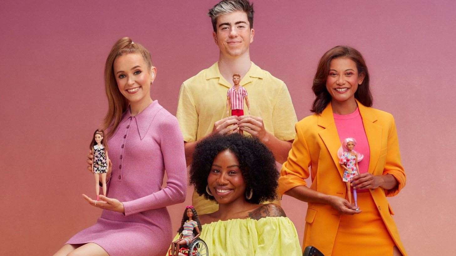 Strictly Come Dancing winner Rose Ayling-Ellis and models James with vitiligo, Faisha with a prosthetic leg and Renee who is paraplegic with the new inclusive Barbie dolls. Picture: Mattel / Simon Webb