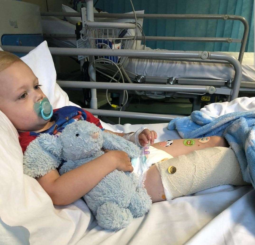 Hadley Waters needed hospital treatment after accidentally cutting his leg on glass
