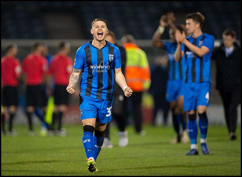 Mark Byrne enjoys the win for Gillingham over Cardiff Picture: Ady Kerry (6334469)