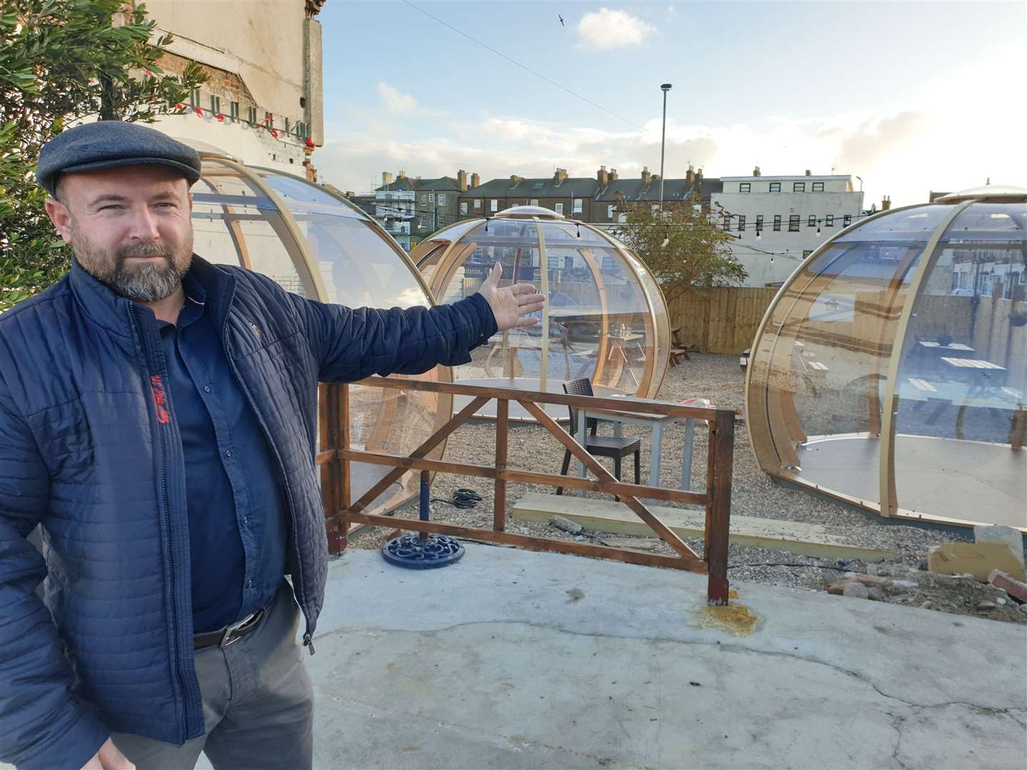 A La Turka owner Mehmet Dari unveiling the outside seating bubbles due to launch in Herne Bay