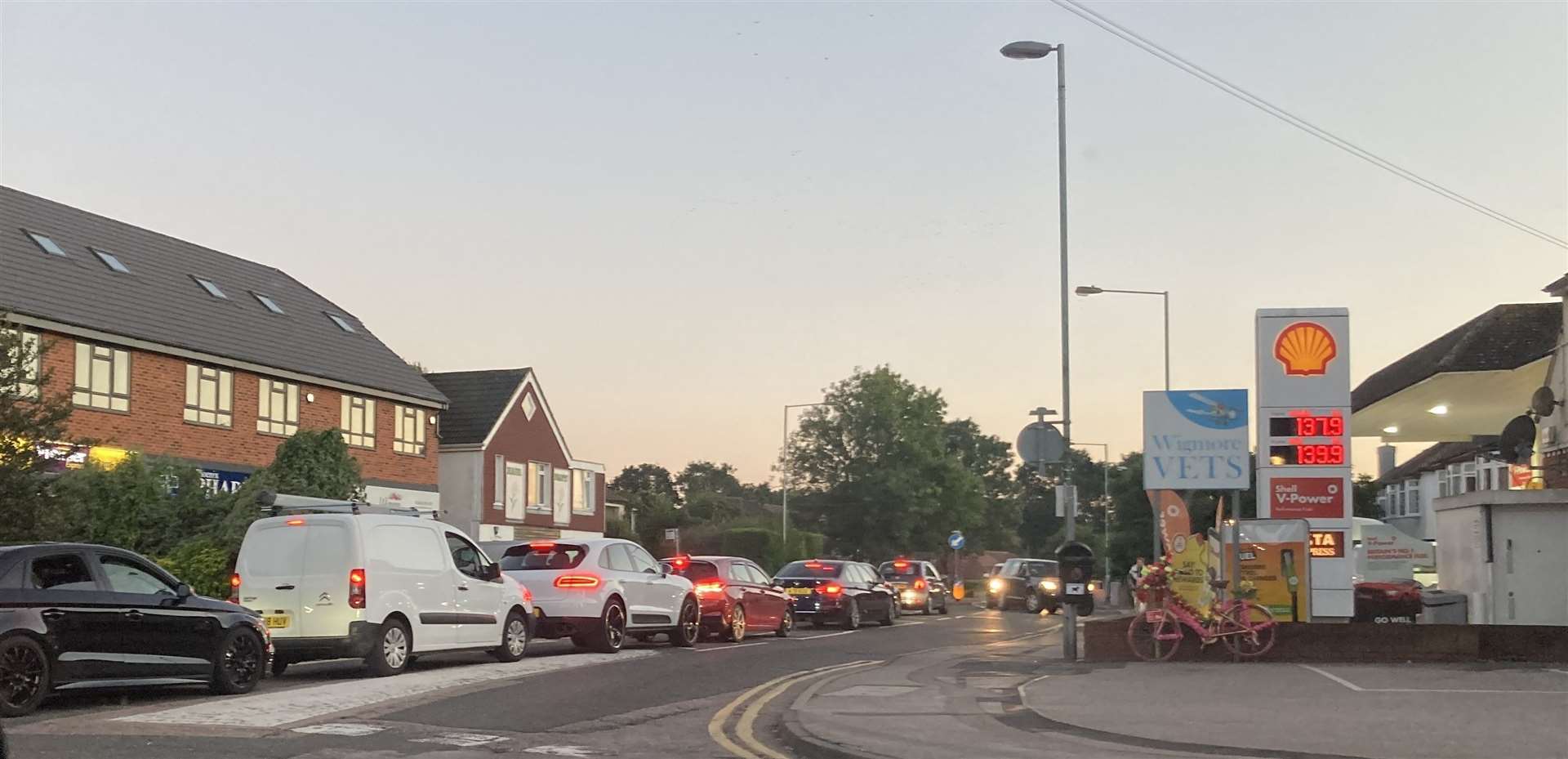 Queuing traffic waiting to access a petrol station in Wigmore, near Rainham