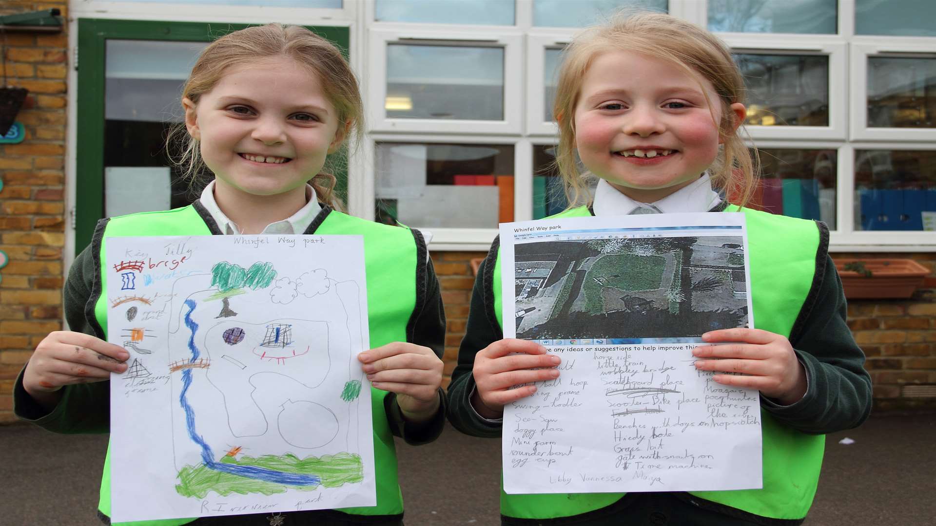 Riverview Infants l-r Tilly and Libby with their plans and ideas for Whinfell Way Park